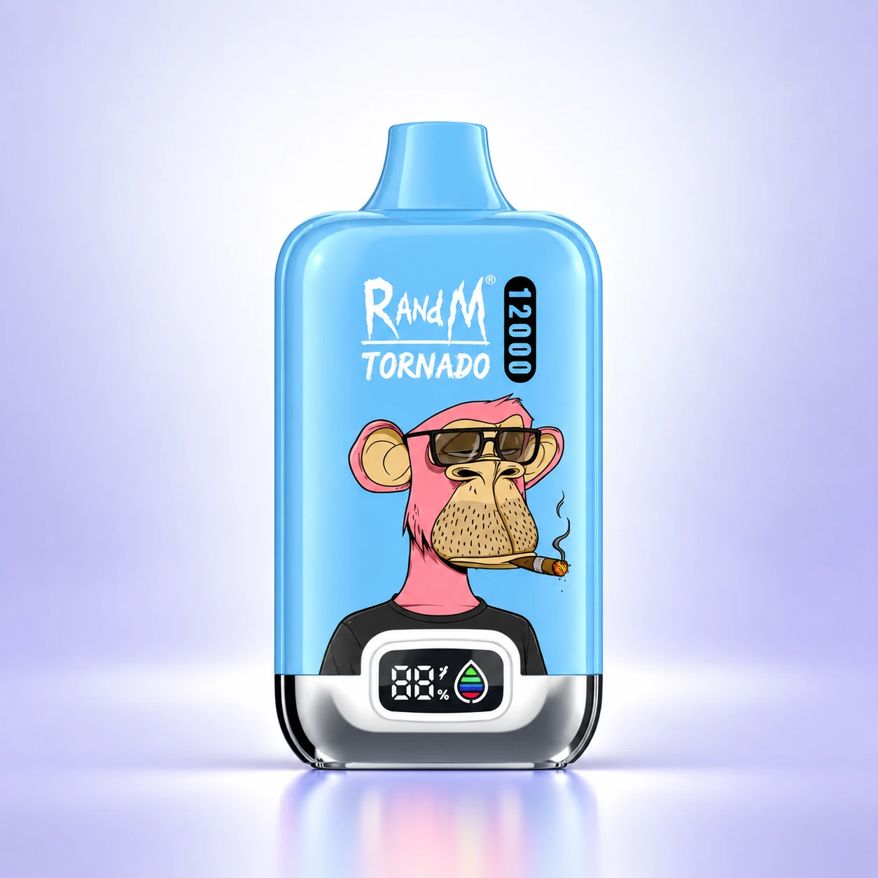 RandM Tornado 12000 series cover image with light blue digital device and ape artwork